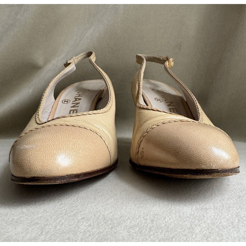 Chanel Vintage Sling back Size 6G Beige Leather Heels Shoes - Picture 7 of 9